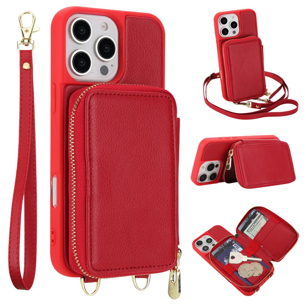 For iPhone 16 Pro Case RFID Blocking Zipper Wallet Leather + TPU Phone Cover with Shoulder Strap