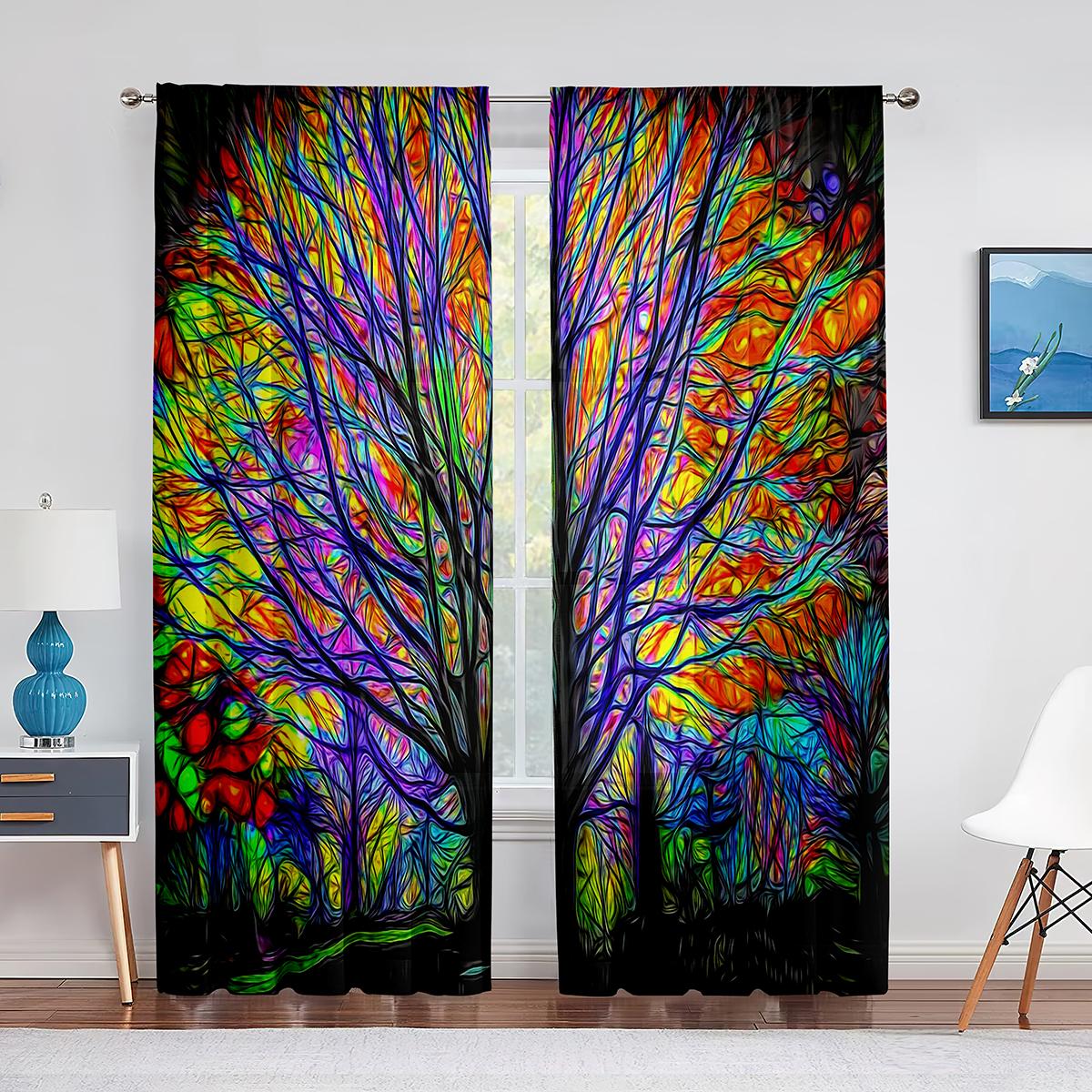 

Тюлевые шторы с принтом «Древо жизни», лесной сезон, для гостиной, спальни, кухни, шифоновая прозрачная вуаль, оконная занавеска 1 PCS W100XH250cm&Grommet Top