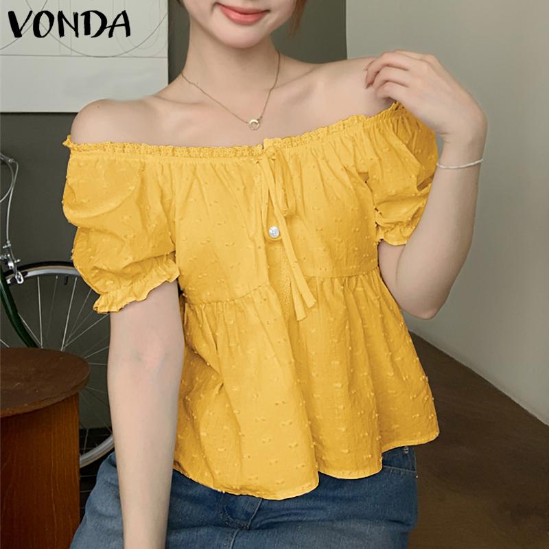 

VONDA Women Summer Puff Sleeve Irregular Texture Ruffled Casual Blouse 2XL жёлтый