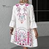 Summer Lady Dress Hollow Out Lace Patchwork Bohemian Three Quarter Sleeves Loose V Neck Printed Pleated Knee Length Vacation Beach Midi Dress