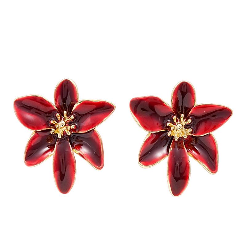 Vintage Red Dripping Oil Flower Stud Earrings for Women Fashion Metal Six Petal Flower Earrings Luxury Casual Party Jewelry Gift