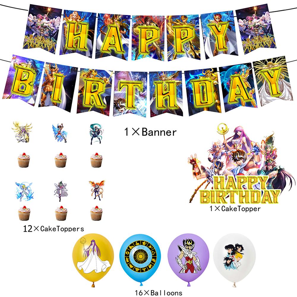

New 30pcs Saint Seiya Party Supplies include a Banner, Cake Toppers, Balloons