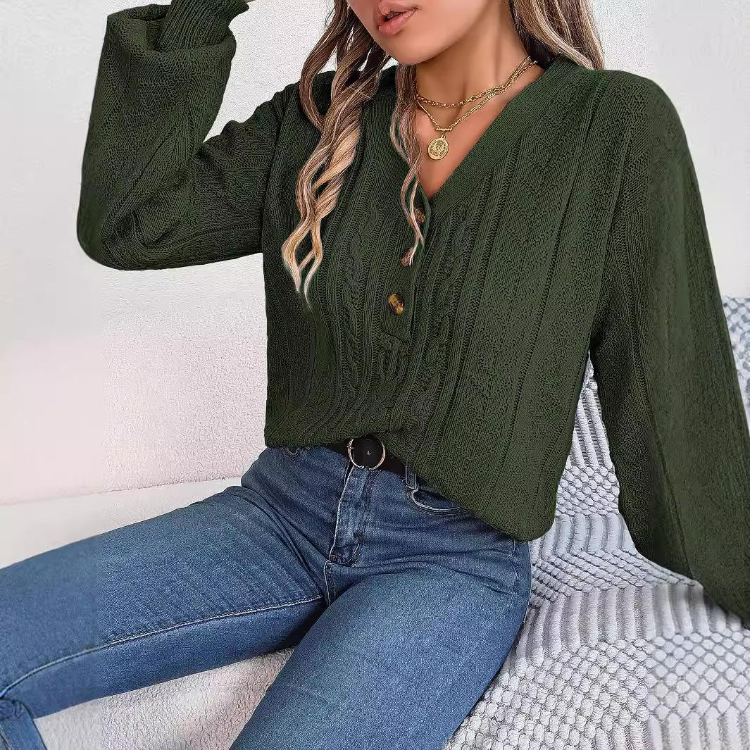 

Женские трикотажные джемперы с V-образным вырезом, с длинным рукавом, свитера, однотонные фактурные трикотажные топы на пуговицах L армия зеленый