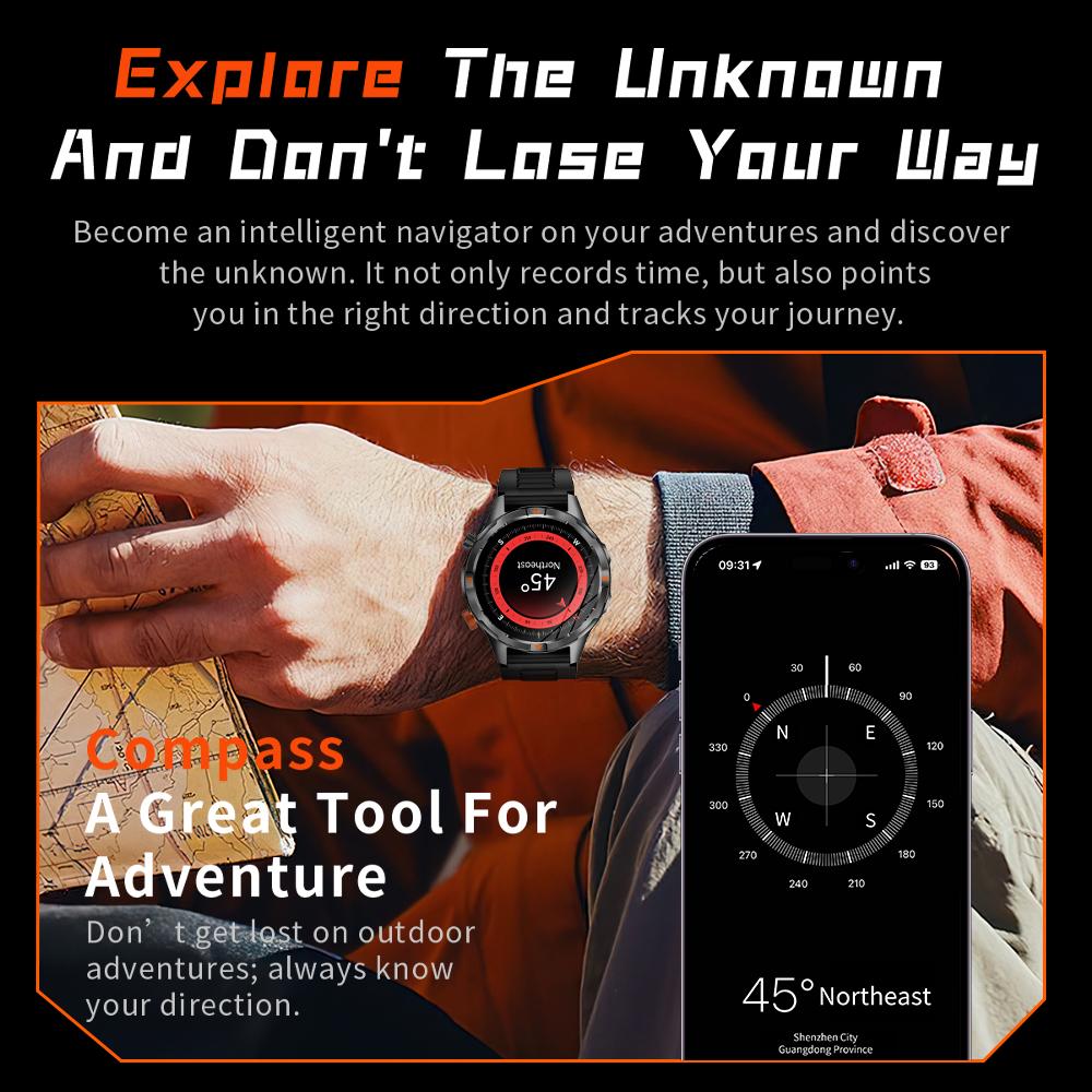 SACOSDING Men Smart Watch Compass LED Flashlight BT Call Heart Rate Sleep Health Monitoring Outdoor Sports Fitness Smartwatch