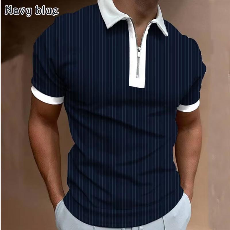 Summer New Men's Striped Pattern Personality Short Sleeve Zipper Polo Men's Fashion Pullover T-shirt