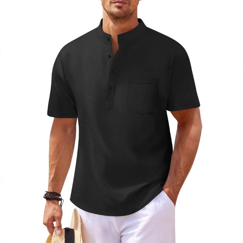 

Men Stand Collar Waffle Textured Short Sleeve Henley Shirt With Chest Pocket 3XL чорний