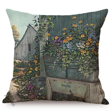 Spring Rural Landscape Pattern Sofa Decorative Cushion Cover Quiet Creek Florals Scenery Cotton Linen Throw Pillow Case Cojines