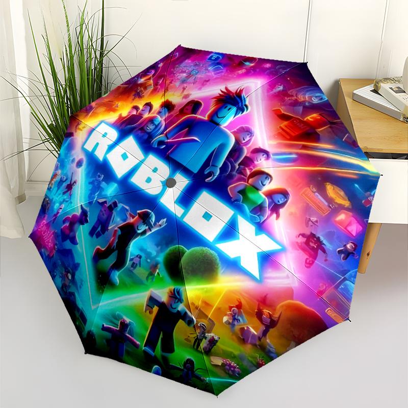 Roblox Print Automatic Umbrella, 8 Rib Iron Frame, Plastic Handle, Suitable for Outdoor Travel &Daily , Ideal Gift