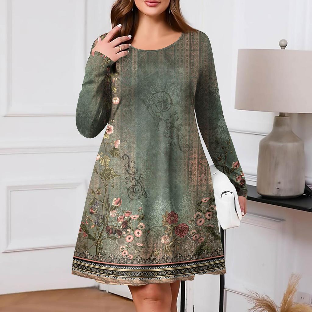 Übergröße Damen Gradient Print Lässig Frühling/Herbst Tasche Rundhals Langarm Kleid