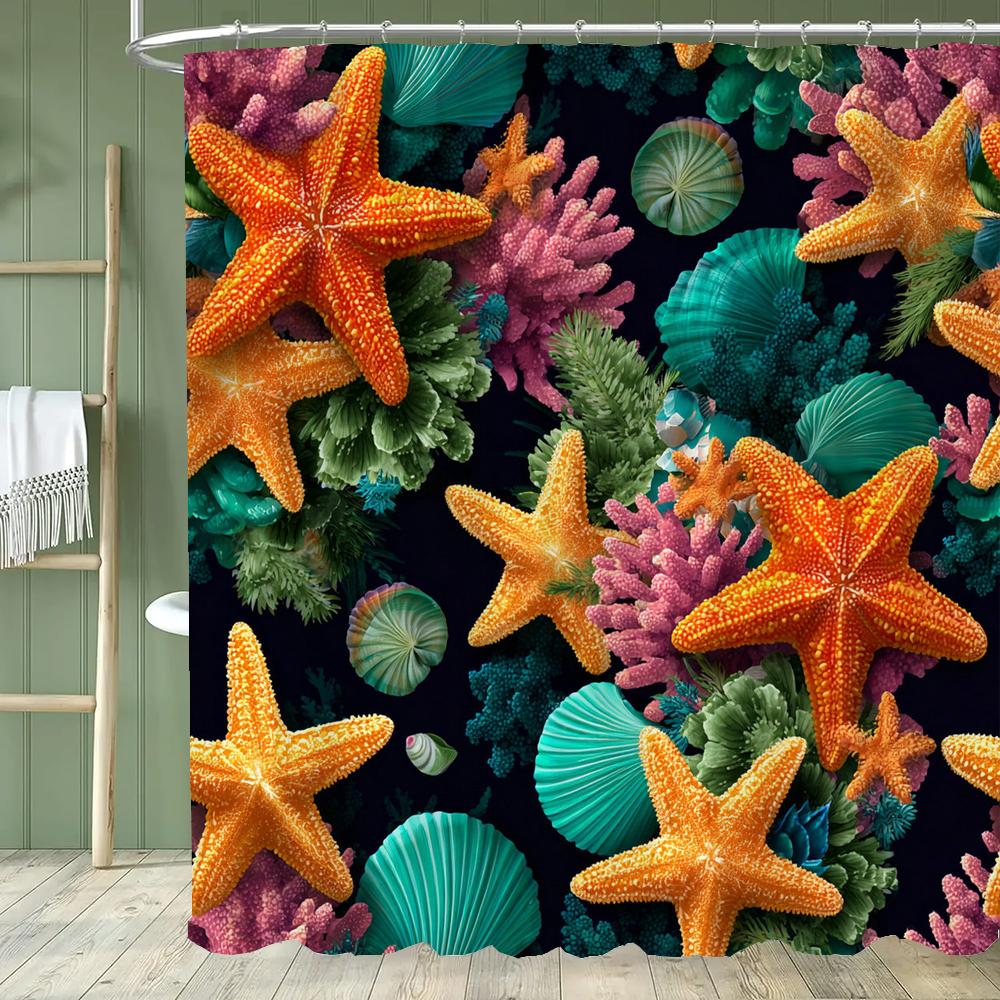 

1Pc Beach Starfish Cobblestone Shell Ocean Style Shower Curtain, Bathroom Decorative Shower Curtain, Home Curtain With Hooks W60H190(CM)-1 Pcs