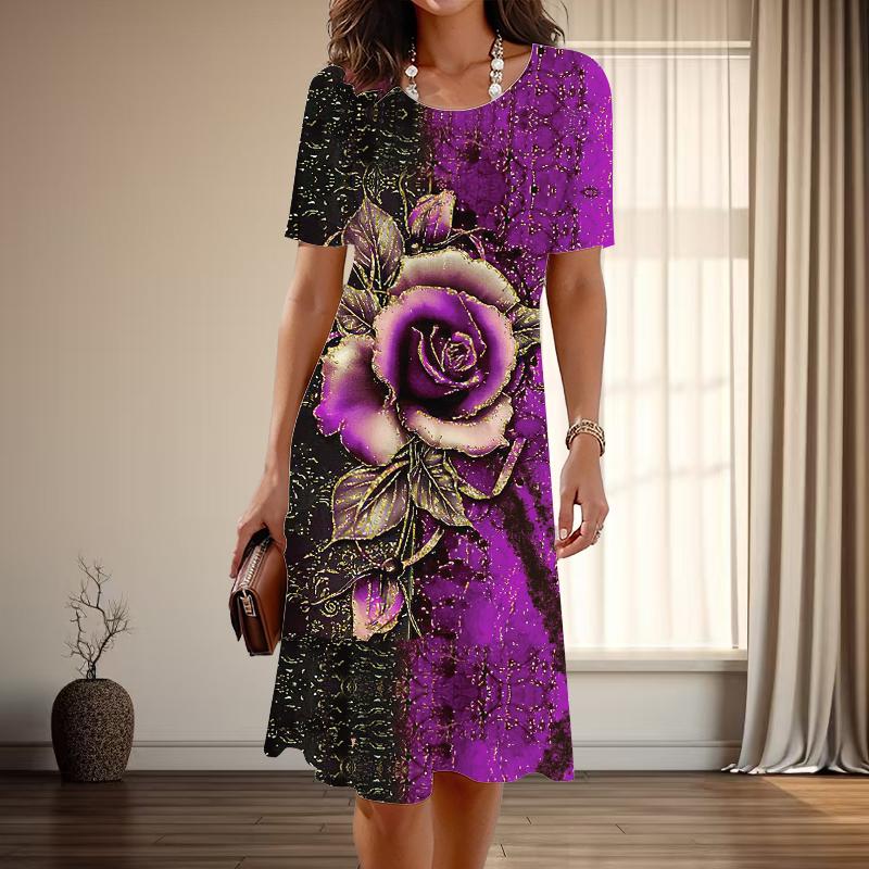 

Женская мода изящный цветочный принт лето весна короткий рукав О-образный вырез повседневные платья 8XL фиолетовый