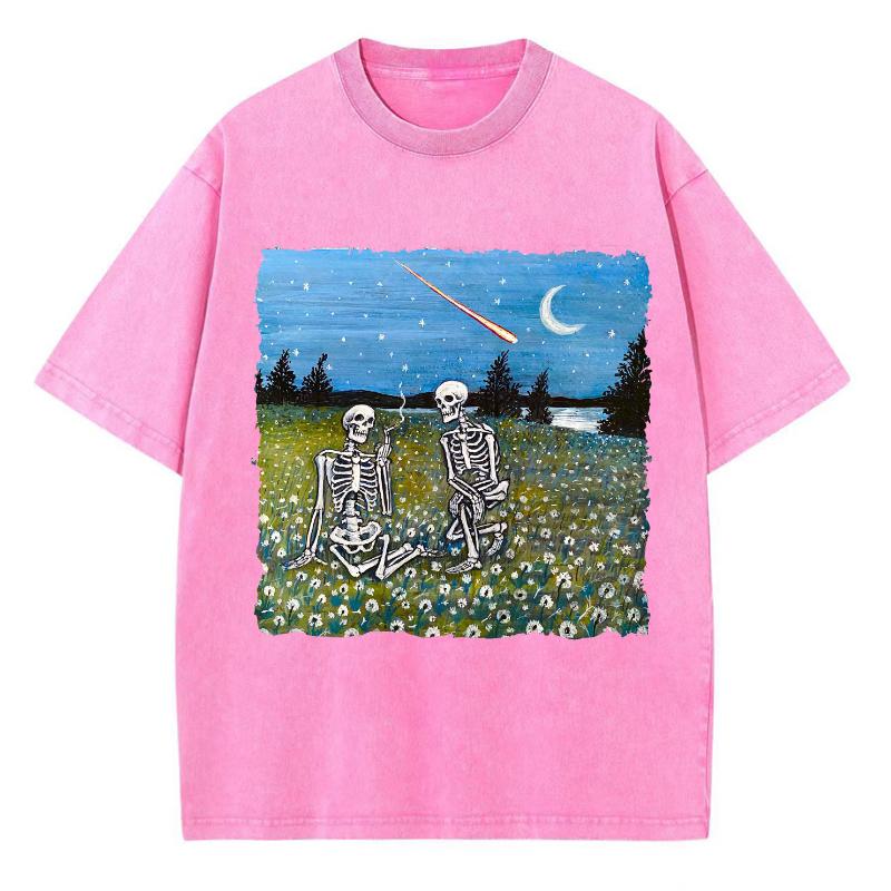 Sommar T-shirt Dödskalle Ställ Tryck Tvättad Oversized Kortärmad Casual Retro Outfit Y2K Damkläder