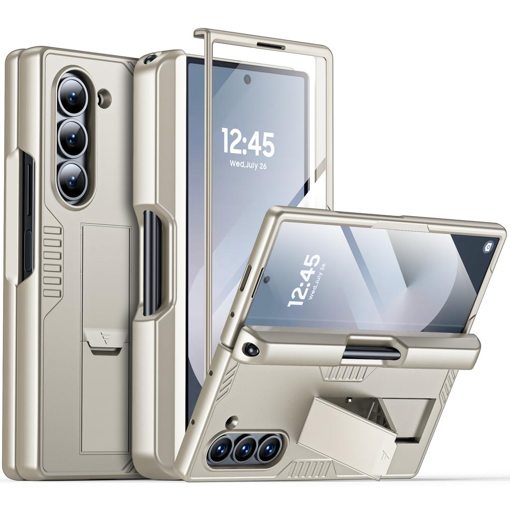 for Samsung Galaxy Z Fold 6 Phone Case With S Pen Holder, Hidden Stand, Screen Protector, Sturdy Shockproof Protective Case-Black