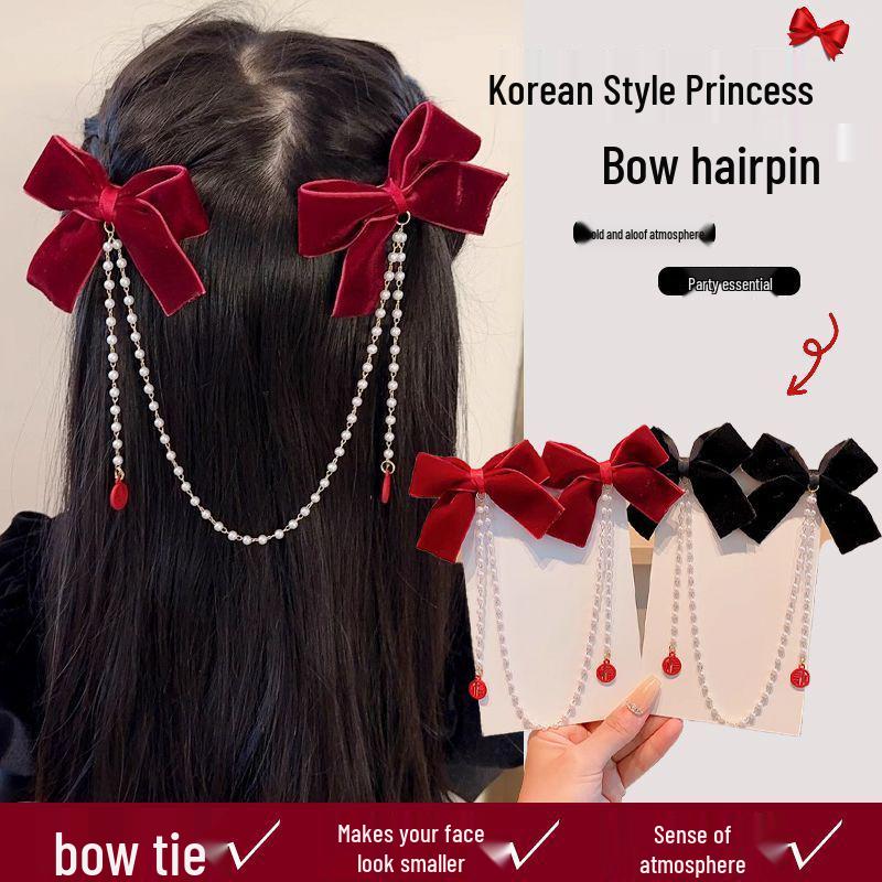 Girls' Red Bow Tassel Hair Clips for Chinese New Year, Autumn & Winter