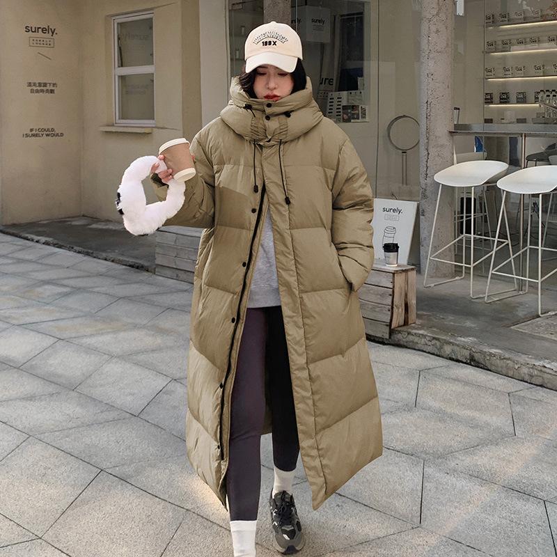 Herfst en Winter Mode Losse Katoenen Jas met Capuchon Dames Lange Bovenkleding Over de Knie Donsjas Dikke Broodjas Warme Jas