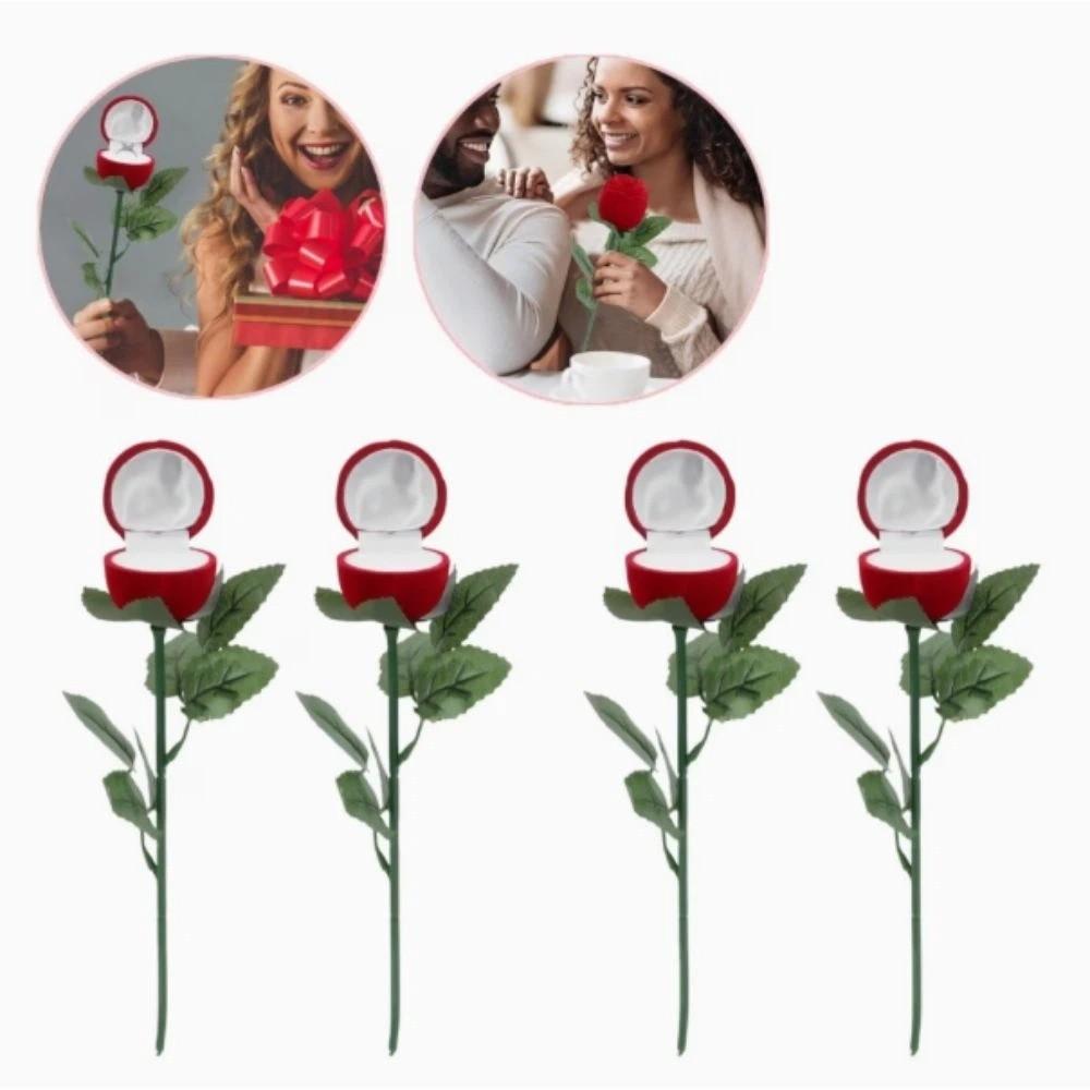 Comedy Red Velvet Rose Ring Box Simulation Flower Romantic Rose to Ring Box Flocking Gimmick Flower Wedding Ring Box Gift Box