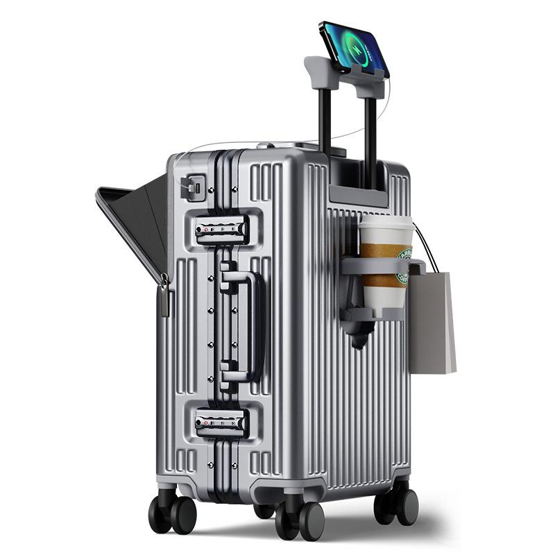 Universal Aluminum Frame Trolley Suitcase with Front Opening and Large Capacity for Women and Men
