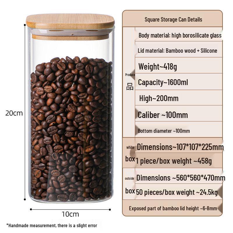 Square Borosilicate Glass Storage Jar for Coffee, Tea, Grains & Bracelets