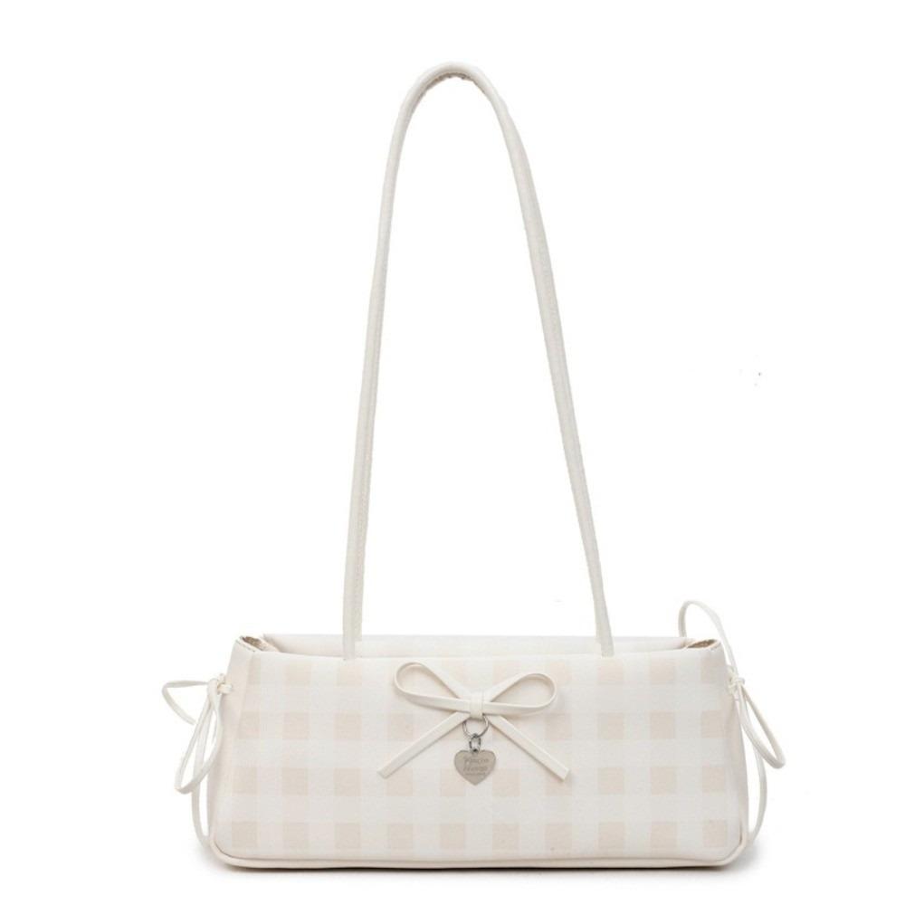 

Y2K PU Shoulder Bag Plaid Bow Underarm Bags Sweet French Stick Handbag Work бежевий