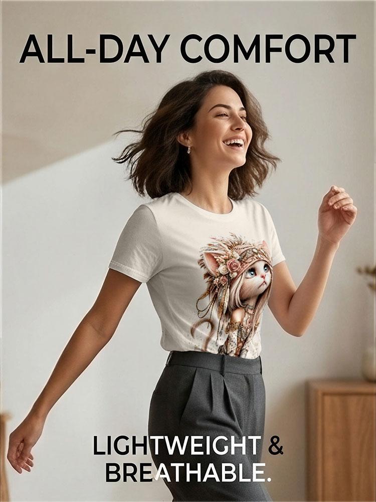 Women's O-Neck Short Sleeve T-Shirt, Polyester Fabric, 2D Bohemian Cat Print Casual Tee for Commute Daily Wear