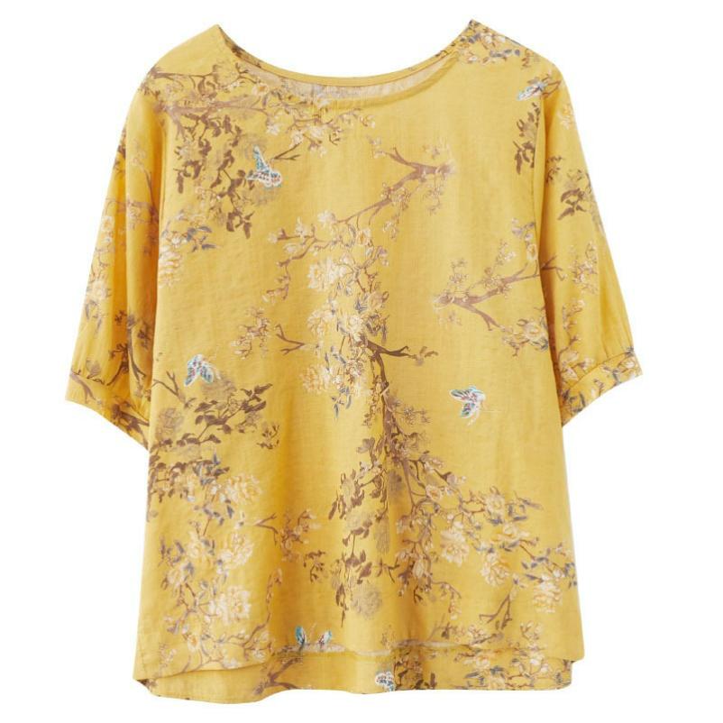 Cotton and Linen Plus Size Women's Literary Retro Loose Printed T-shirt Summer Round Neck Short-sleeved Belly-covering Casual Top