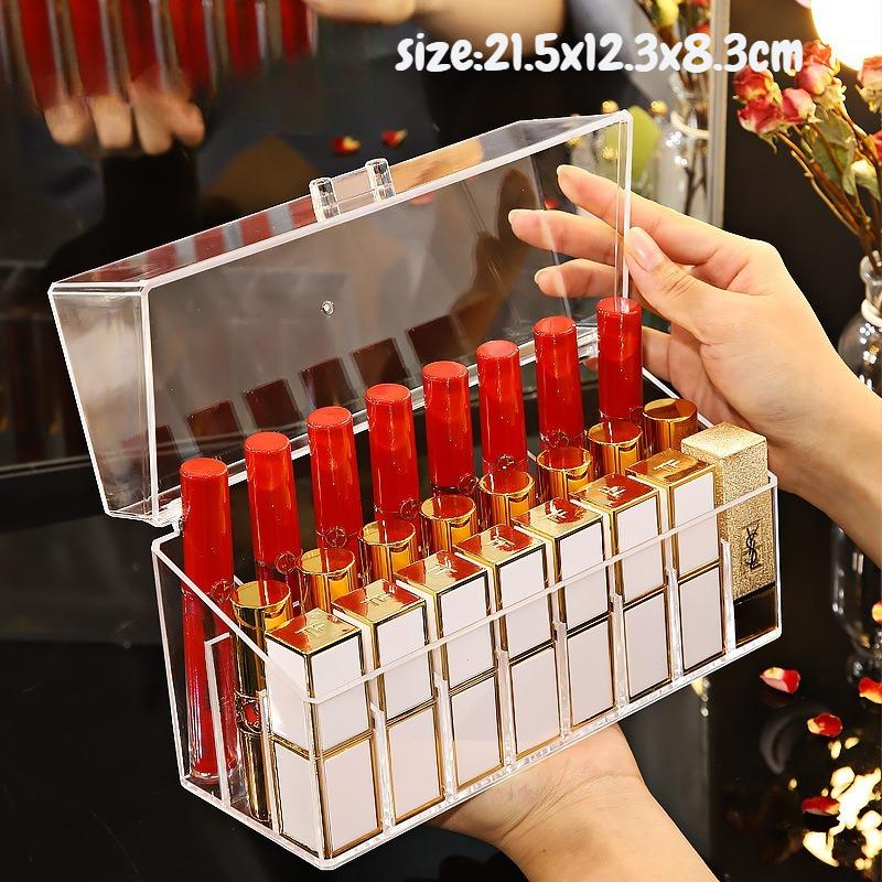 Transparent Cover Cosmetic Lipstick Storage Box Dustproof Desktop Multi-grid Makeup Organizer Plastic Material Lipstick Rack