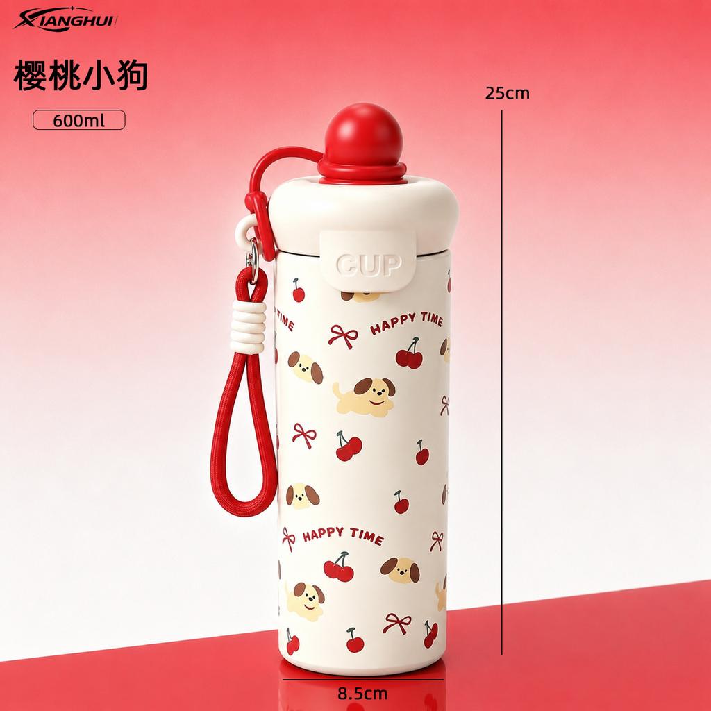 New stainless steel float thermos cup high value outdoor portable rope straw cup cute cartoon water cup
