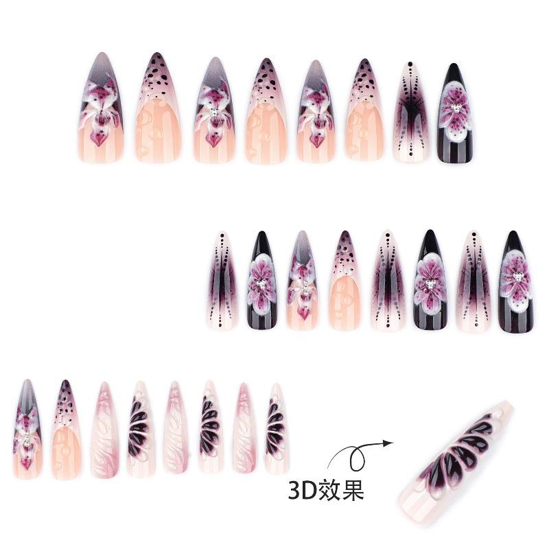 European and American Foreign Trade 3D Floral Press On Nails, Long Almond French Style. Hot-selling Finished False Nails for Wholesale.