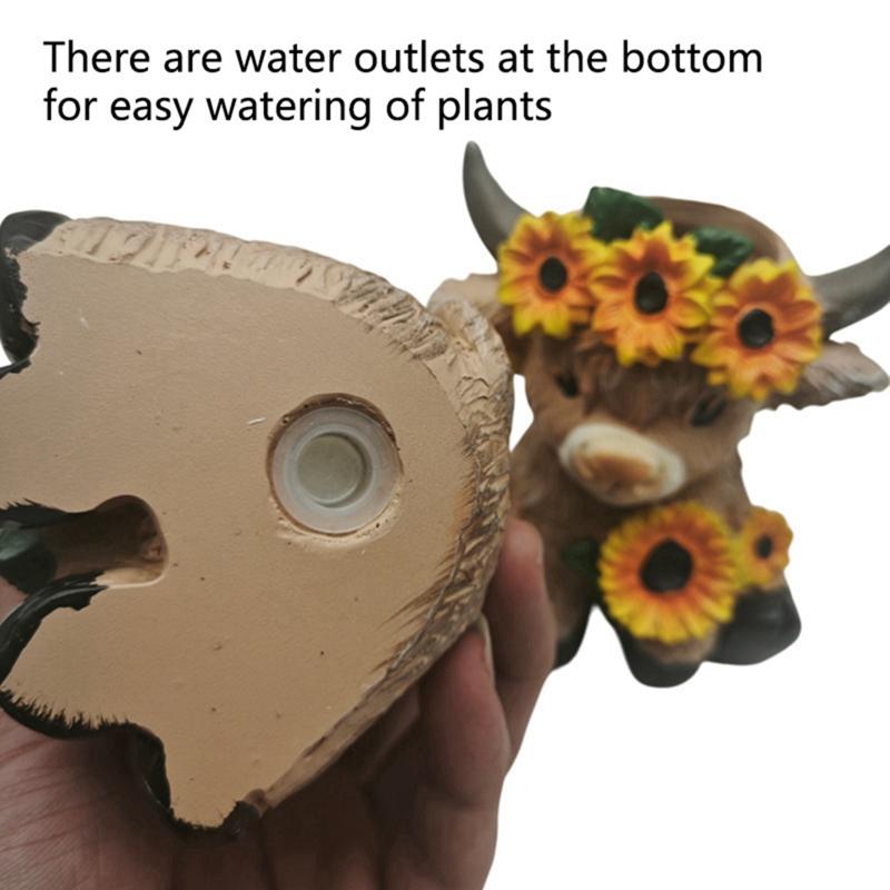 2pcs Sunflower Highland Cow Resin Flower Pot Ornament