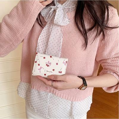 New Cherry Bow Printing Bow Printing Coin Purse Multi-Slot Tri-fold Short Wallet PU Leather Coin Pouch Women