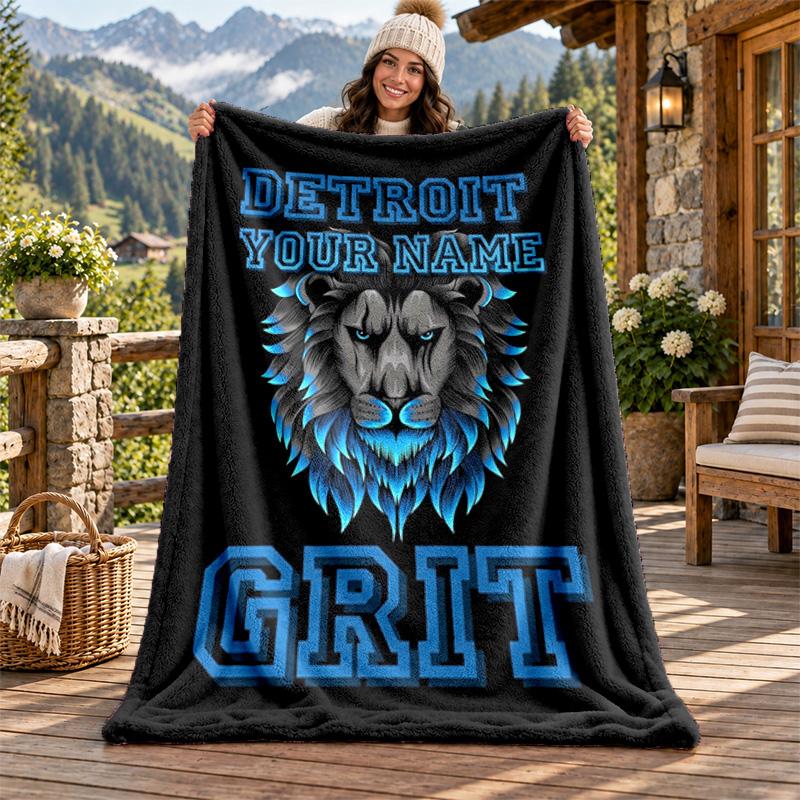 Detroit Lions Custom Name Flannel Blanket Personalized Soft Warm Plush Throw Blanket Customized Gift for Family Friends