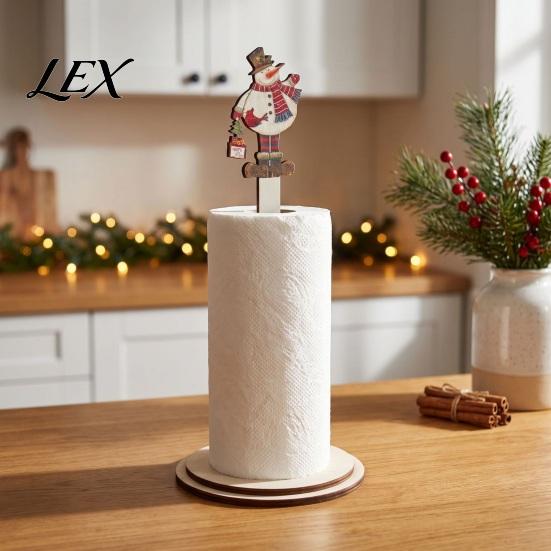 Wooden Paper Towel Dispenser Christmas Holder, 2D Roll with Snowman Kitchen Holiday Ornament Santa Patterns, Decorative Tissue Stand for Dining Table