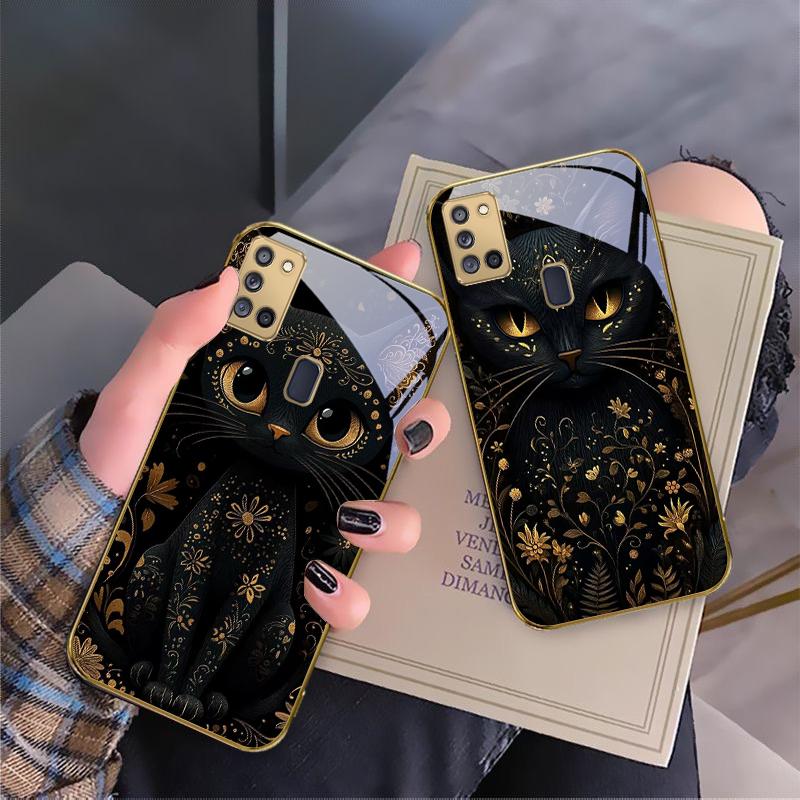 Fantastic Black Cat For Samsung A 31 32 A33 A34 35 14 A15 13 A16 25 26 50 52 53 54 55 56 70 71 72 73 Golden glass phone case