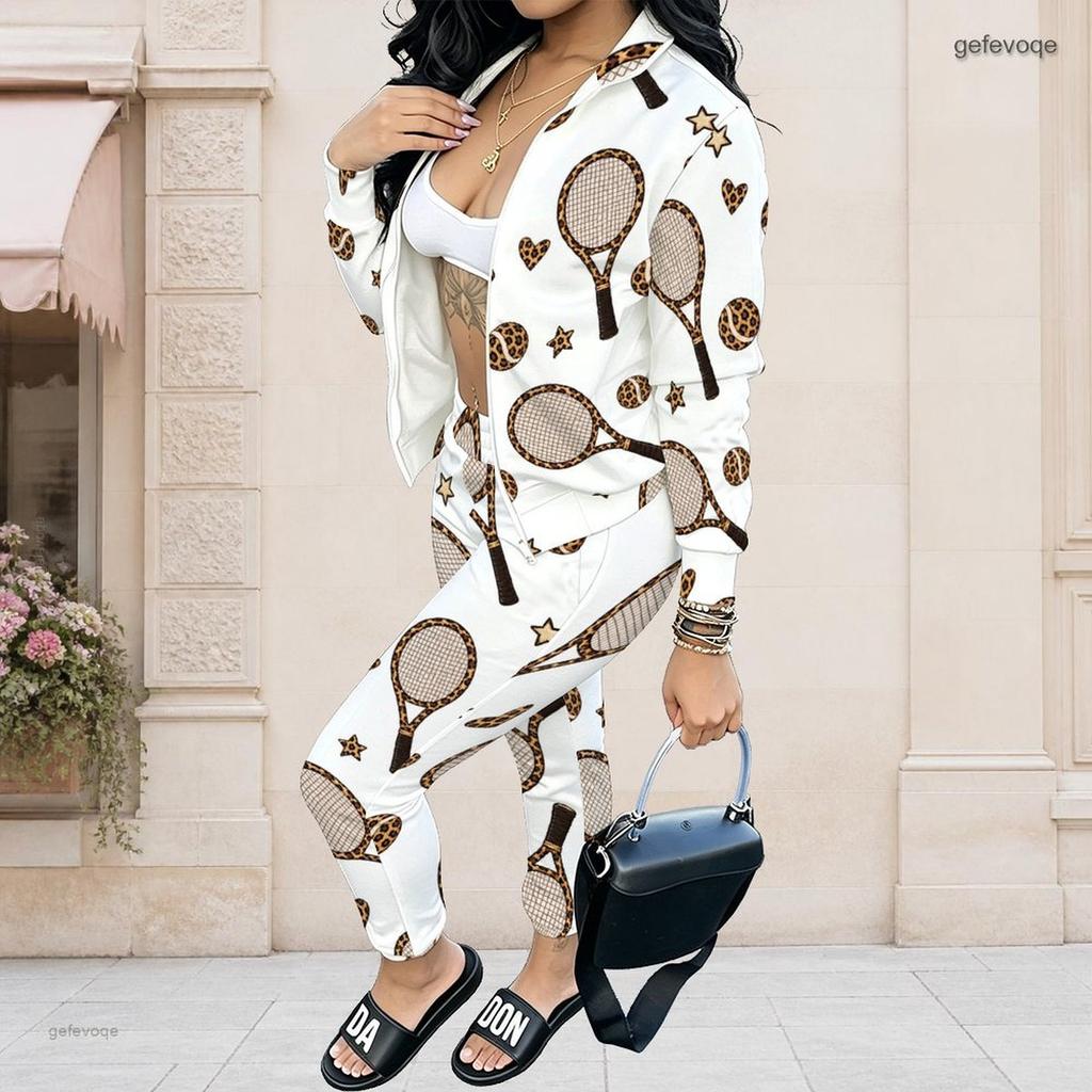 Women Plus Size White Printed Long Sleeve Zip Front Jacket And Long Pants Set