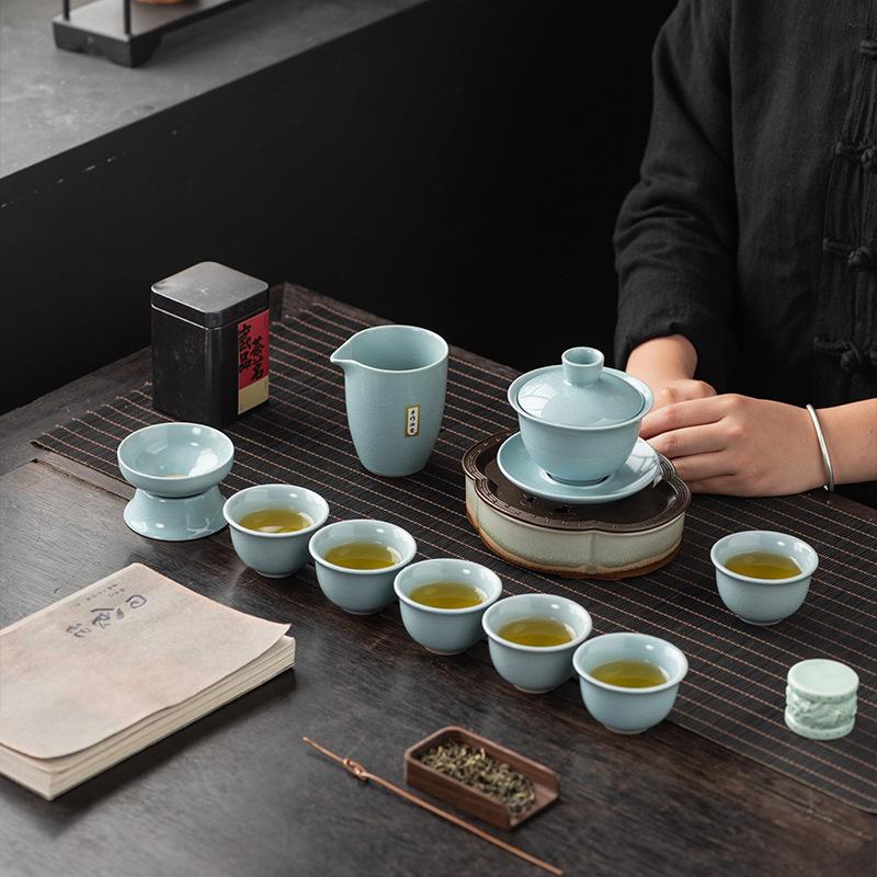 High-end 10-head Ru kiln Kung Fu tea set, a complete set of boutique ceramics, a full set of gifts, a gift box with high temperature resistance
