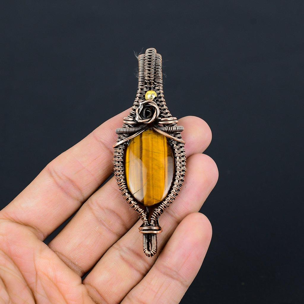 Tiger Eye Pendant, Handmade Gemstone 999 Copper Wire Wrapped Pendant Antique Jewelry, For Gift Silver Jewelry