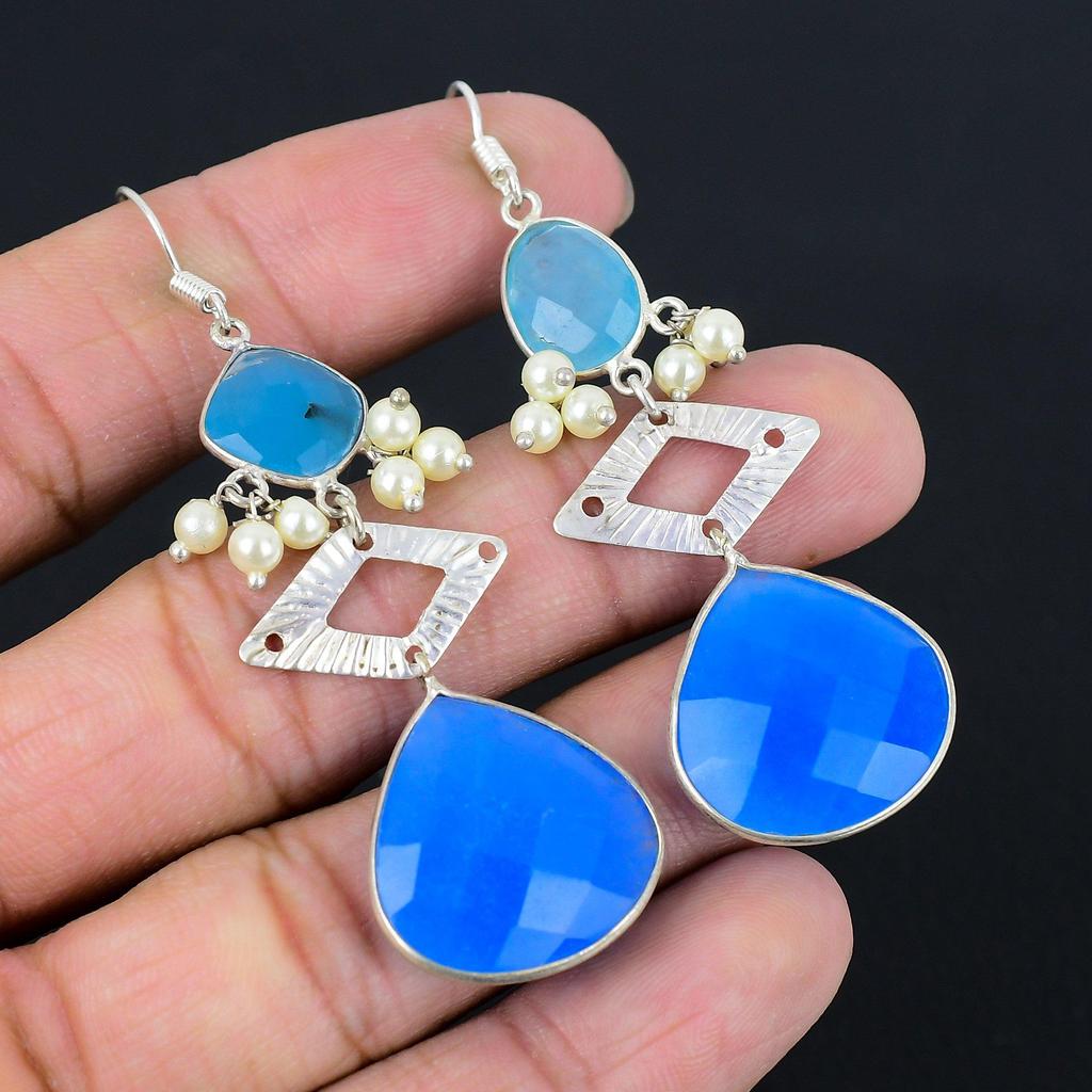 Drittes Auge Chakra Natürlicher Blauer Saphir Hängeohrringe Schmuck Sterlingsilber