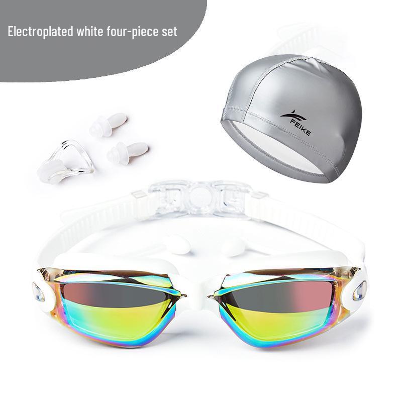Fike High-Definition Waterproof Anti-Fog Swimming Goggles Set with Swim Cap, Large Plated Frame, Unisex