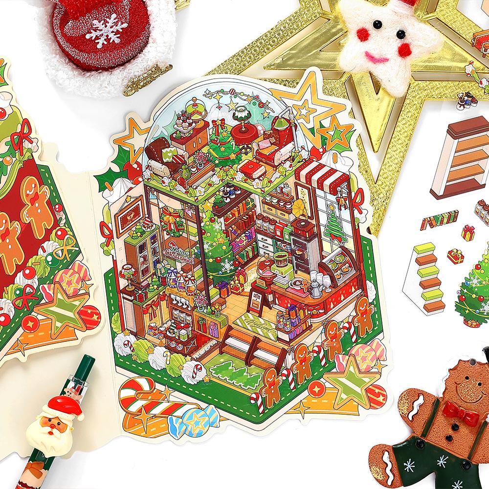 Kawaii 3D Cartoon Christmas House Series Miniature Scene Stickers DIY Handmade Stacked Scrapbook Stickers Holiday Gifts