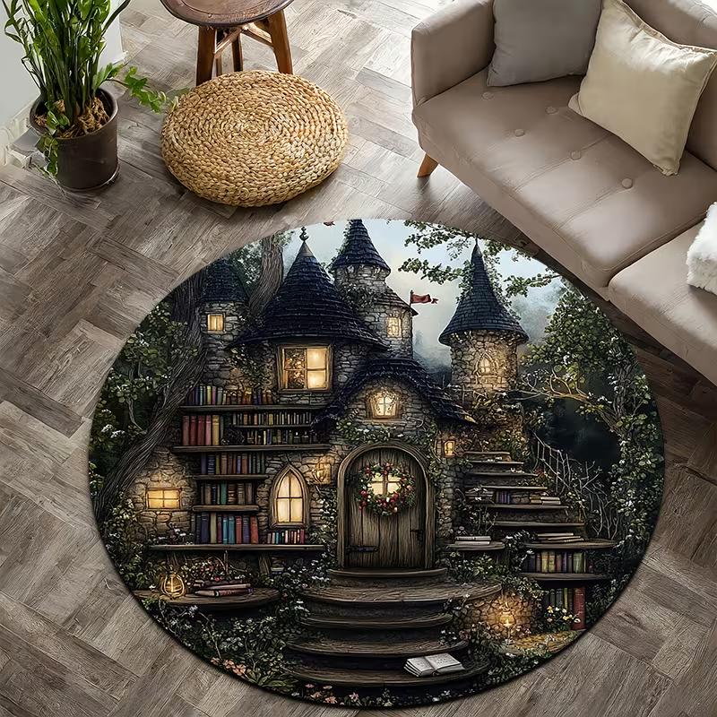 3D Effect Printed Spiral Staircase Round Carpet Vintage Castle Library Rug Medieval Style Home Decor Absorbent Non-Slip Doormat