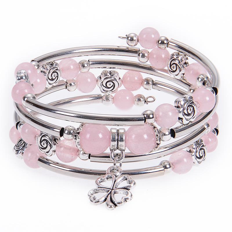 Pink Zebra Stone Multi-Layer Wrap Bracelet with Floral Pendant