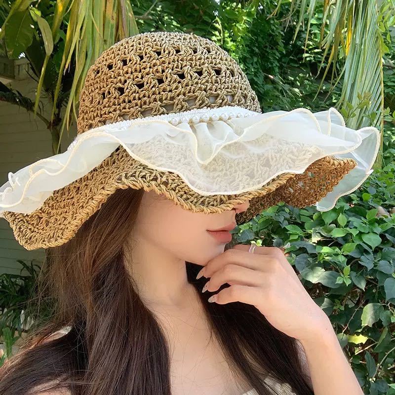 Summer colored wood beads Yafeng straw hat sunscreen 2025 new seaside sunshade brim bucket hat foldable