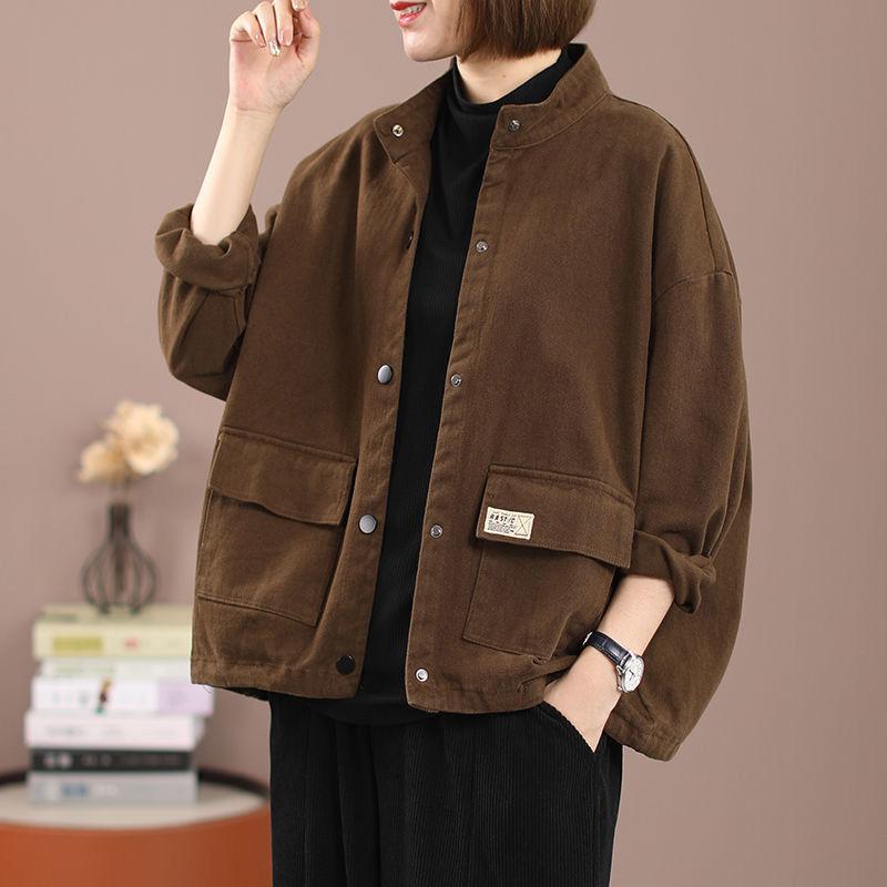 

Spring/autumn Women Loose Casual Long Sleeve O-neck Outerwear & Coats Pocket Patchwork Single Breasted Jackets S коричневий