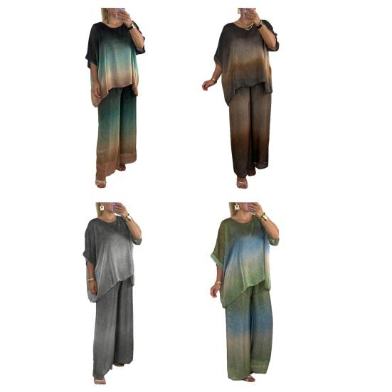 Summer Plus Size 2 Piece Sets for Women Crew Neck Short Sleeve Top Wide Leg Pants Set Casual Loose Lounge Outfits