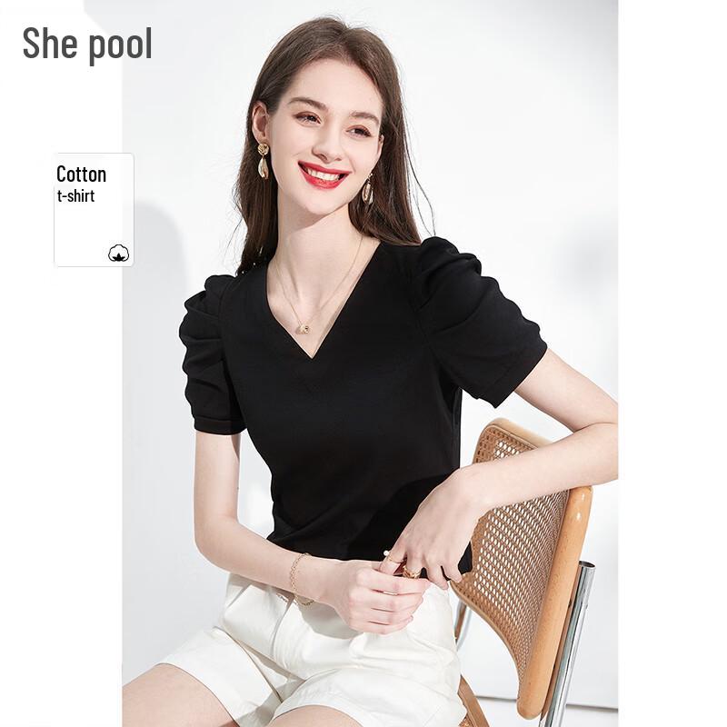 Women s V-Neck Puff Sleeve Slim Fit T-Shirt L