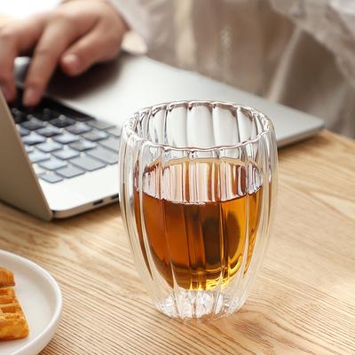 Vejcovitý Dvouvrstvý Tepelně Izolovaný Hrnček na Kávu Průhledný Tepelně Odolný Vertikální Vzor Latte Hrnček na Mléčný Čaj Kancelářský Borosilikátový Skleněný Hrnček