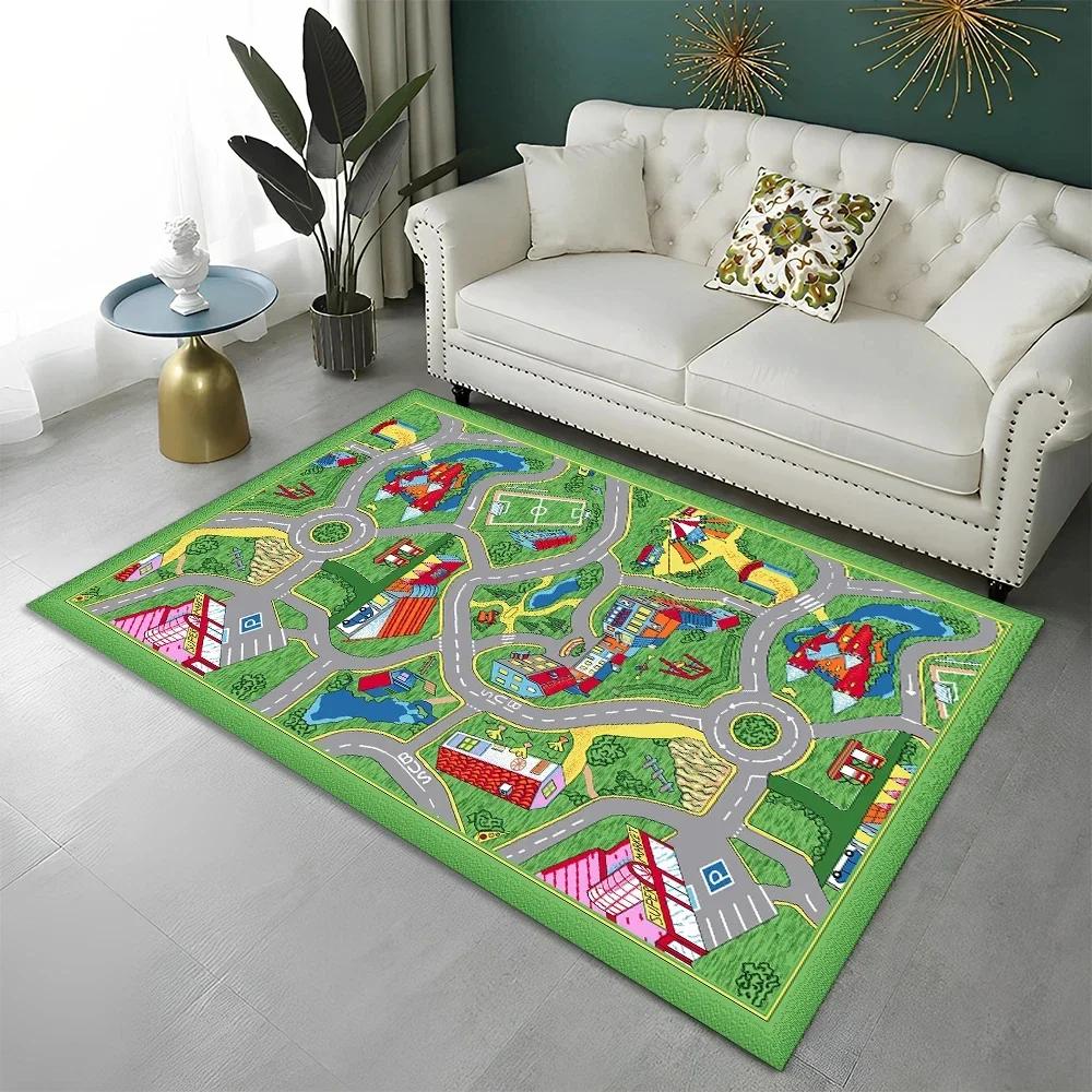 Highway City Kinderspielmatte Verkehr Spielzimmer Teppich Teppich für Zuhause Wohnzimmer Schlafzimmer Fußmatte Dekor, Bereichsteppiche Rutschfeste Bodenmatte