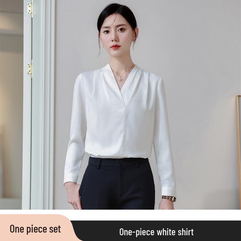 

Women s V-Neck White Chiffon Blouse - Long-Sleeve Top for Professional Attire XXXL