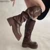 2026 Dames Westerse Cowgirls Bruine Hoge Laarzen Geplooide Twee Manieren te Dragen Kniehoog Leer Schoenen Platform Rijlaarzen voor Dames