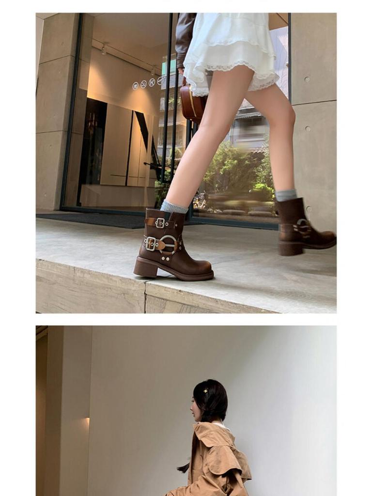 Women's Chunky Heel Belt Buckle Martin Boots - Brown Western Cowboy Ankle Boots, 2025 Punk Rider Vintage Style